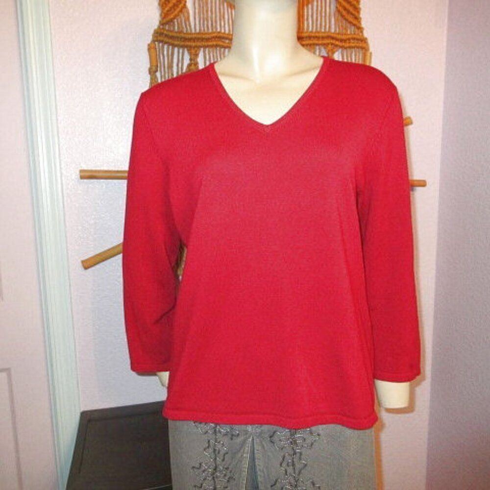 Spense Silk Blend Sweater Women L Ribbed Pullover V-Neck Red Knit Preppy Classic